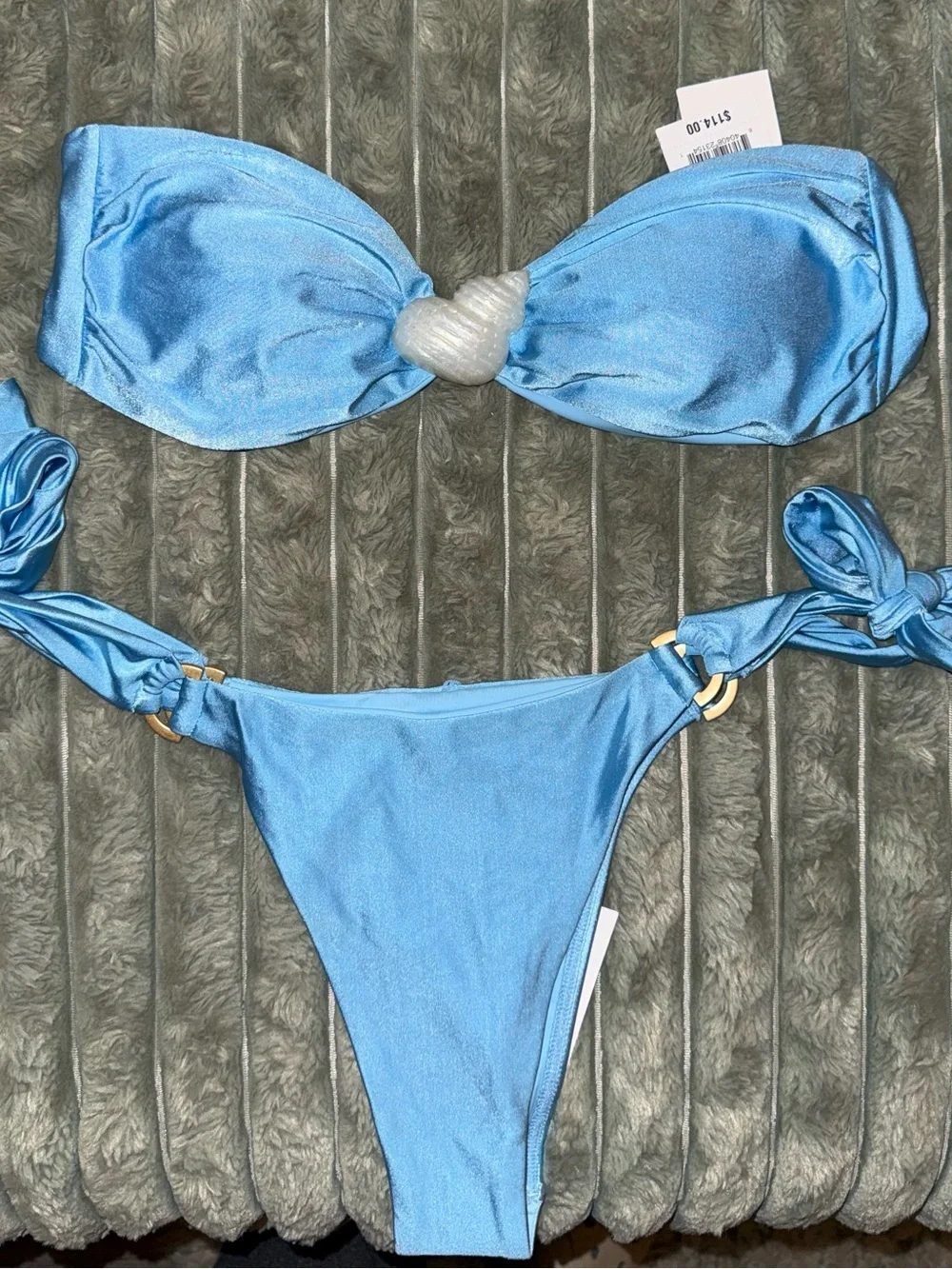 l*space Sky Blue Bandeau Bikini Top with seashell & gold metal D ring bottom M